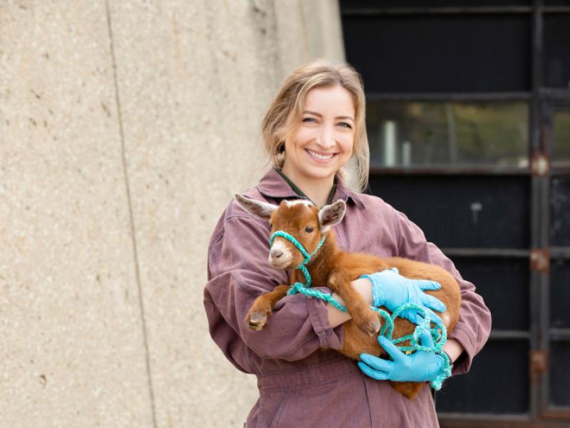 Vet student holding a goat