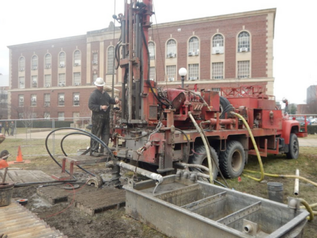 Drilling for the geothermal exchange system at the U of I campus.
